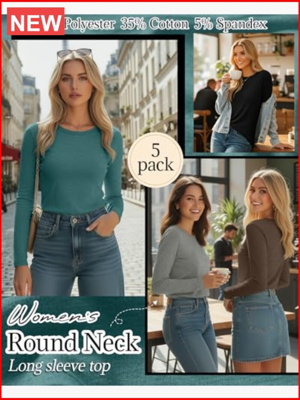 5 Pack Women's Crew Neck Long Sleeve Cotton Blend Tees Layering Tops - Picture 2 of 7